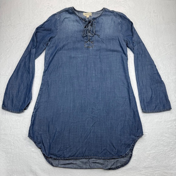 Cloth & Stone Denim Dress‎ Bell Sleeve Lace Up Tencel Lyocell Blue Size S - Picture 1 of 8